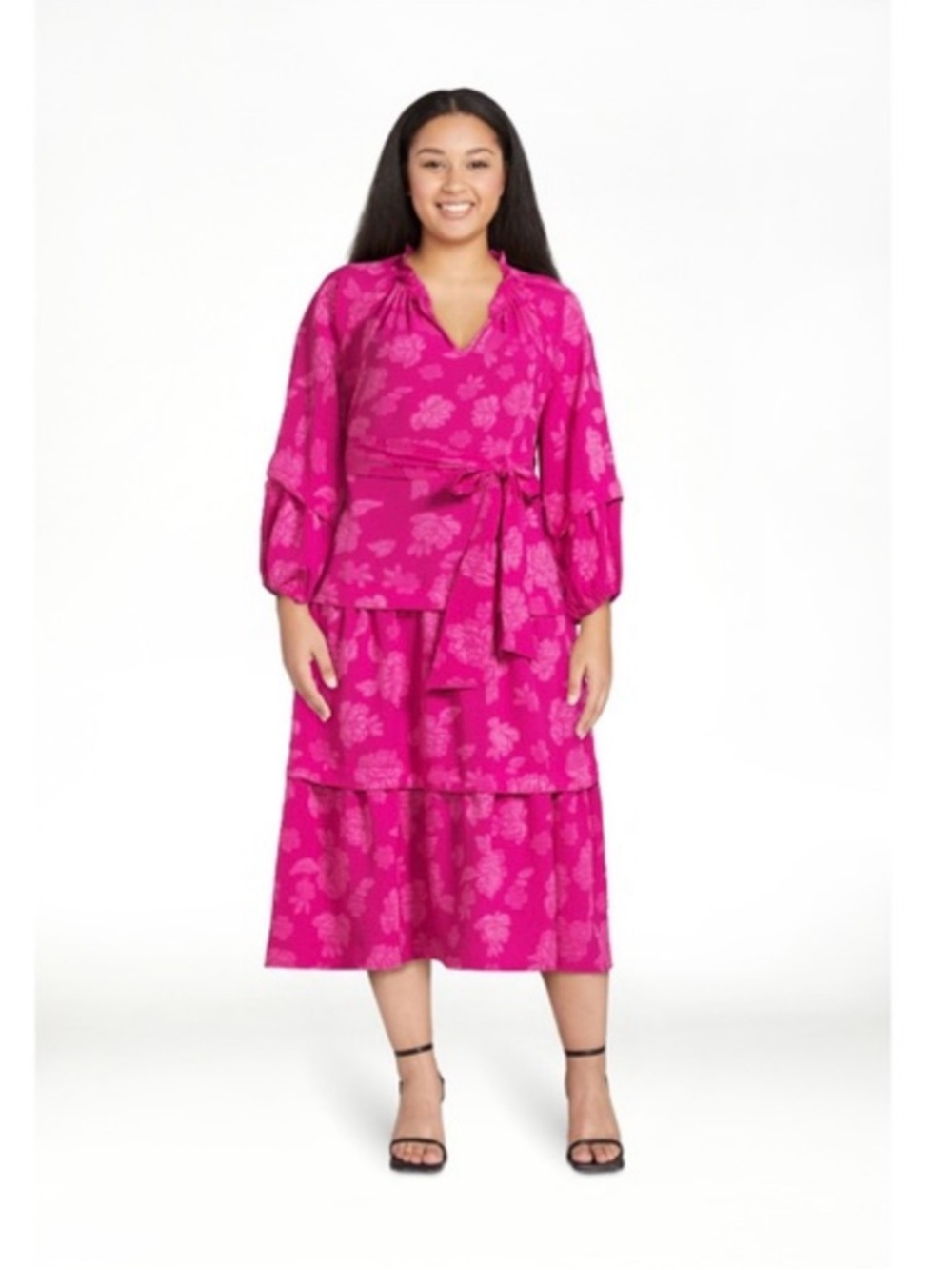 The Pioneer Women Festive
Fuchsia 3/4 sleeve Tiered Ruffle midi dress - Picture 2 of 9